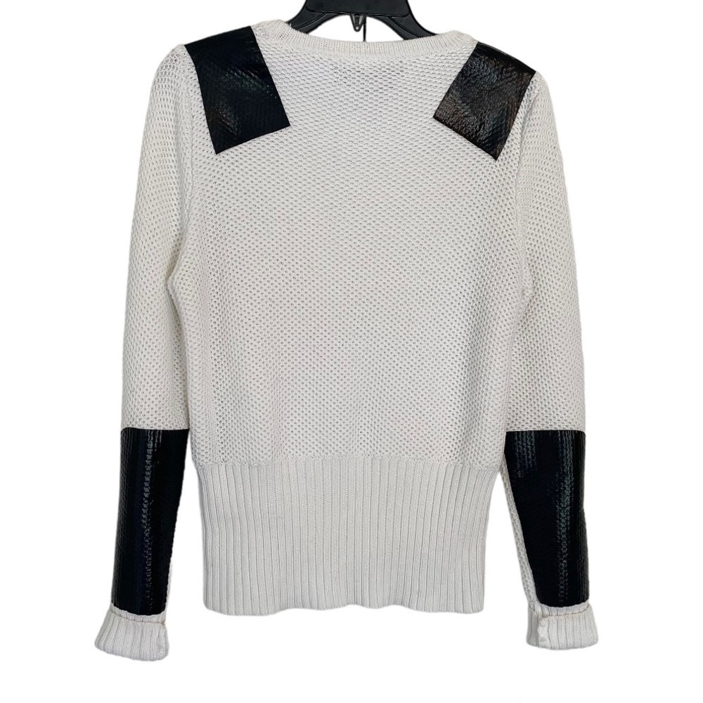 Rag & bone White Knit Crewneck Sweater Black Patent Patchwork Sz Large - Picture 2 of 10